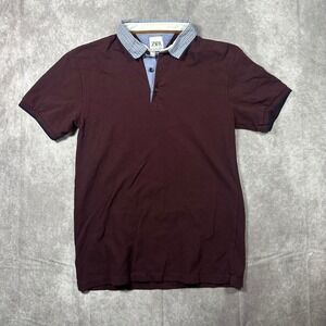 Zara Mens Polo S Burgundy Blue Collar Retro Short Sleeve Collegiate Rugby Top